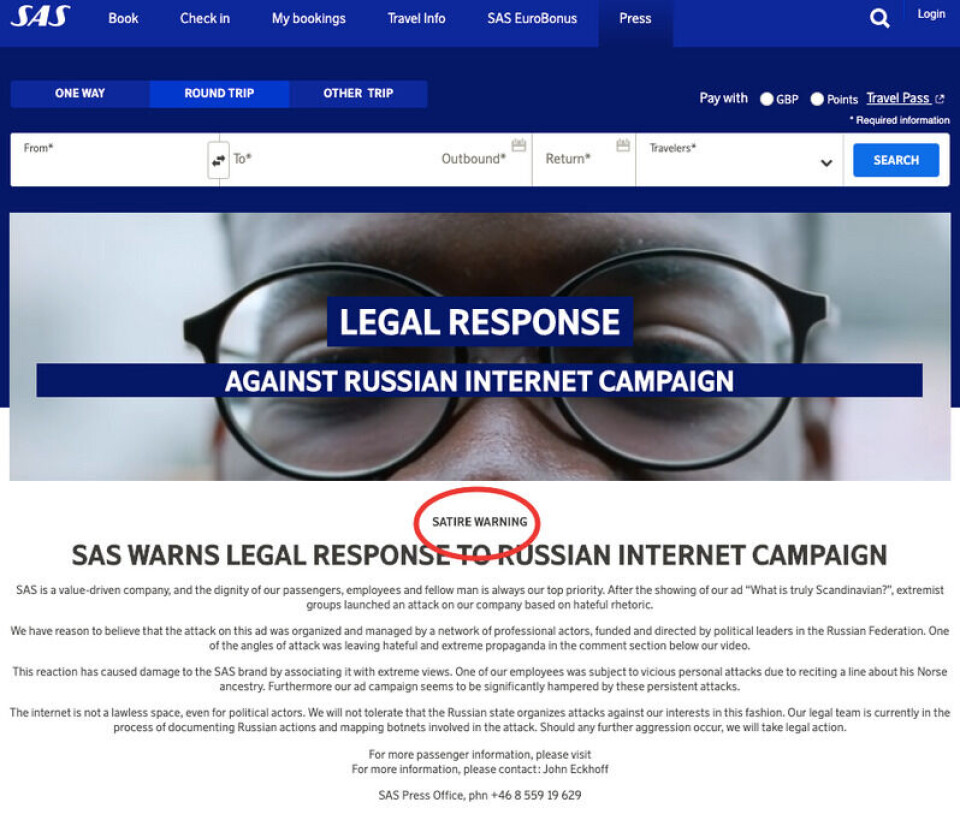 Etter at denne artikkelen ble publisert, har det blitt lagt til en advarsel om satire på den falske nettsiden. Skjermbilde fra fly-sas.world. Etter at denne artikkelen ble publisert, har det blitt lagt til en advarsel om satire på den falske nettsiden.