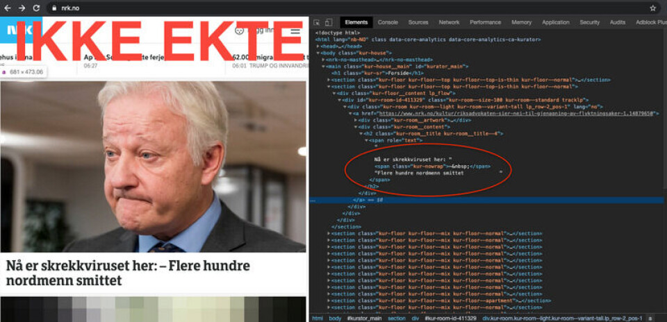 Manipulert versjon av NRKs nettsider. Skjermbilde: NRK.no i Google Chrome Manipulert versjon av NRKs nettsider.