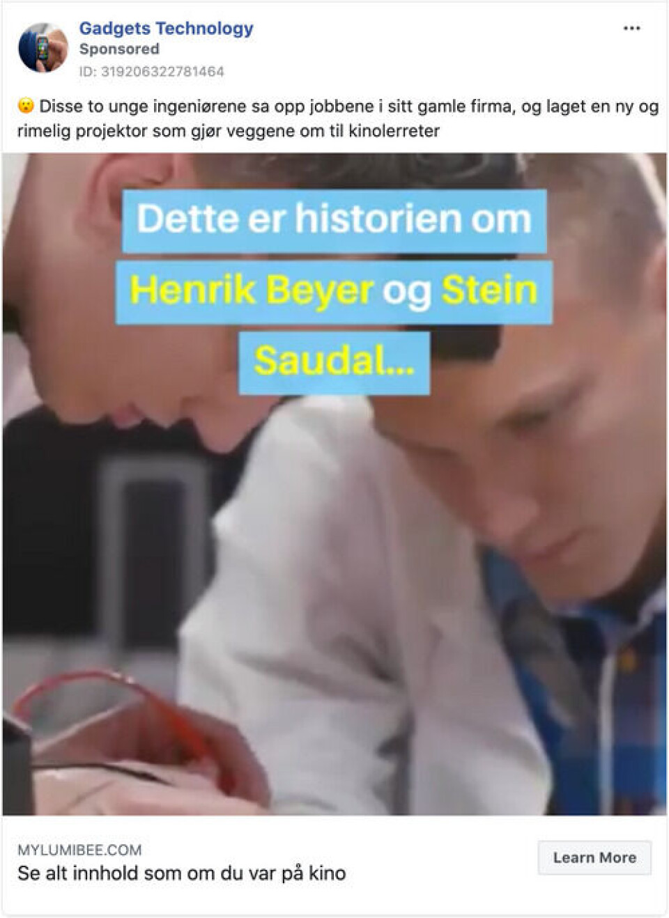 Videoannonsen forteller historien om elektronikkingeniørene Henrik Beyer og Stein Saudal. Disse personene finnes ikke i virkeligheten. Skjermdump: Facebook Videoannonsen forteller historien om elektronikkingeniørene Henrik Beyer og Stein Saudal. Disse personene finnes ikke i virkeligheten.