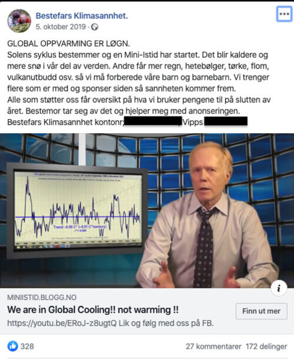 Telefon- og kontonummer er sladdet av Faktisk.no. Skjermbilde: Facebook Telefon- og kontonummer er sladdet av Faktisk.no.