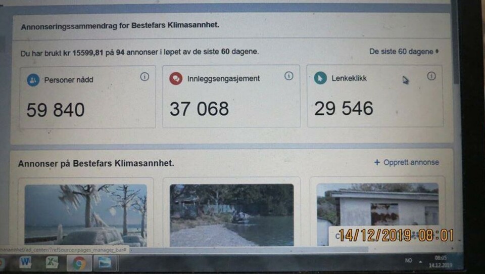 Bildet viser annonseutgiftene til Bestefars Klimasannhet pr. 14. desember 2019. Erik Strandhus Bildet viser annonseutgiftene til Bestefars Klimasannhet pr. 14. desember 2019.