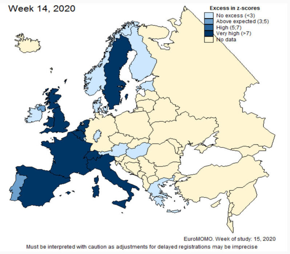 Kartet viser graden av overdødelighet i uke 14 i 2020 i de europeiske landene som rapporterer inn tall til EuroMOMO. Merk at disse tallene er foreløpige, og at mulige forsinkelser i rapporteringer gjør at de må tolkes med forsiktighet. Skjermbilde: EuroMOMO Kartet viser graden av overdødelighet i uke 14 i 2020 i de europeiske landene som rapporterer inn tall til EuroMOMO. Merk at disse tallene er foreløpige, og at mulige forsinkelser i rapporteringer gjør at de må tolkes med forsiktighet.