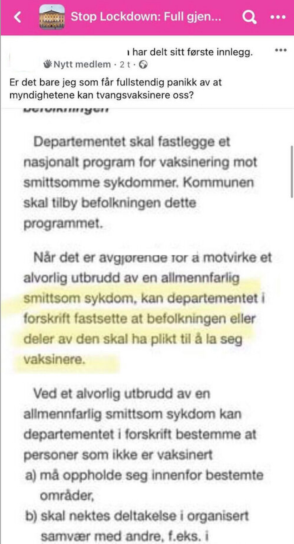 Skjermdump: Utdrag fra Facebook-innlegg