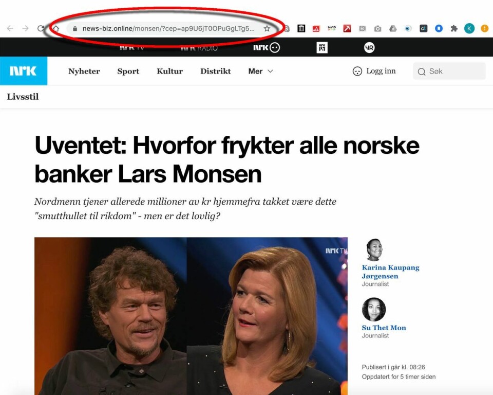 Ved å sjekke selve nettadressen er det lett å avsløre at du ikke er på en ekte NRK-side. Ved å sjekke selve nettadressen er det lett å avsløre at du ikke er på en ekte NRK-side.