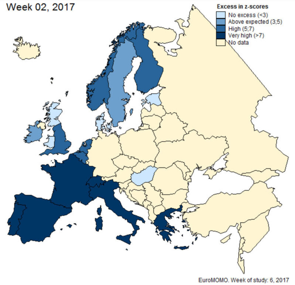 Kartet viser graden av overdødelighet i utvalgte europeiske land i uke 2 i 2017. Skjermbilde: EuroMOMO Kartet viser graden av overdødelighet i utvalgte europeiske land i uke 2 i 2017.