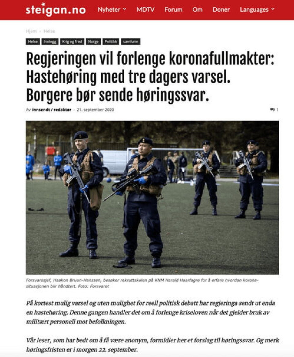 Slik ble saken fremstilt på Steigan.no før Faktisk.no tok kontakt. (faksimile fra Steigan.no) Slik ble saken fremstilt på Steigan.no før Faktisk.no tok kontakt.