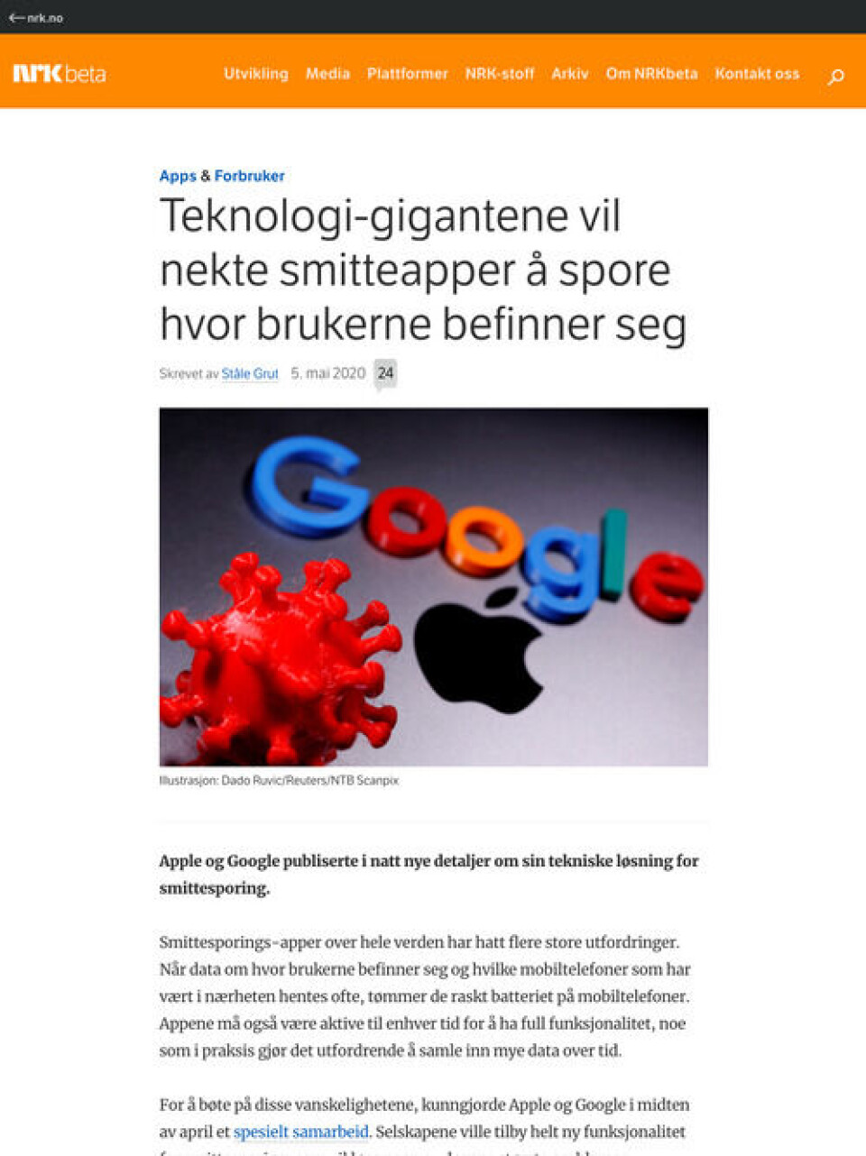 Apple og Googles løsning ble også omtalt på NRKbeta (faksimile fra NRKbeta) Apple og Googles løsning ble også omtalt på NRKbeta