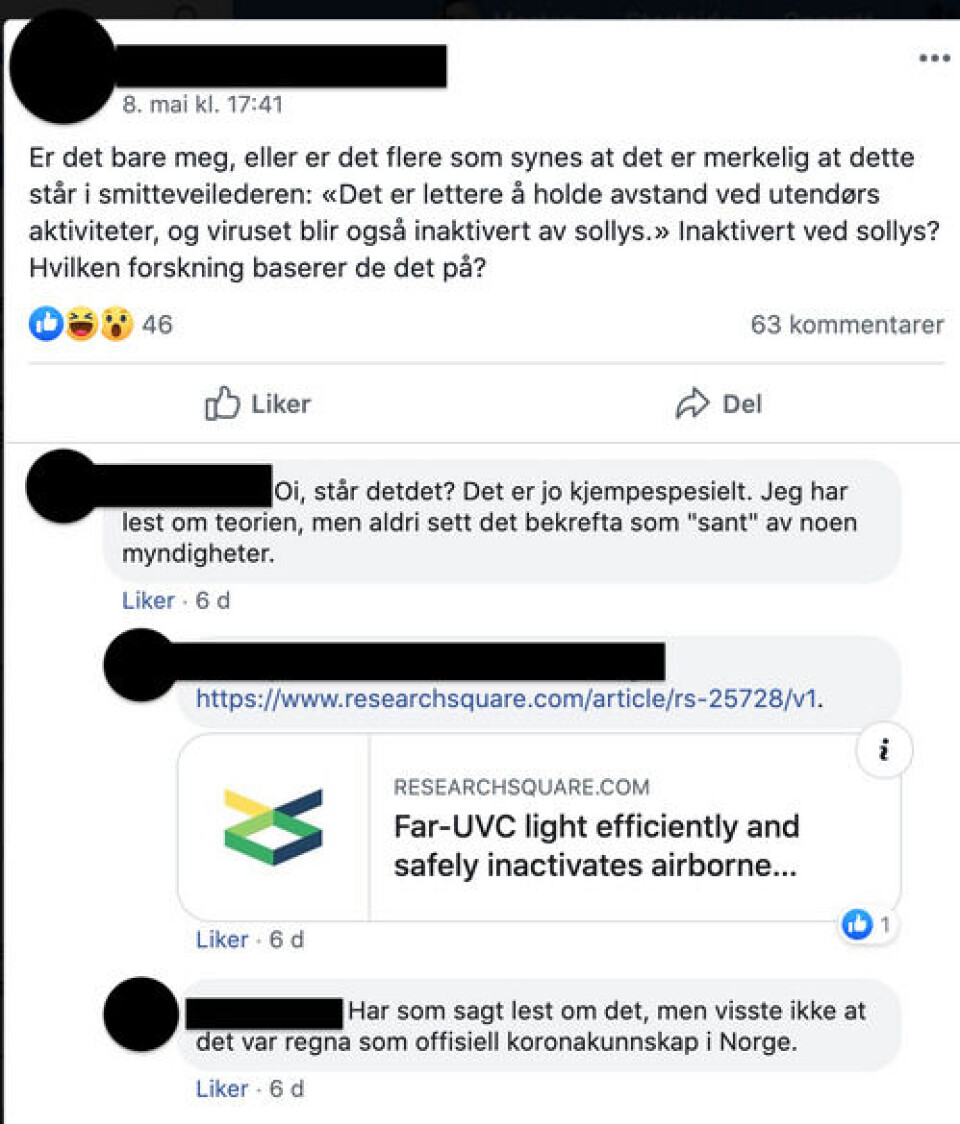 I sosiale medier undrer lærere seg over sollys-formuleringen i smittevernveilederen. Skjermbilde: Facebook I sosiale medier undrer lærere seg over sollys-formuleringen i smittevernveilederen.
