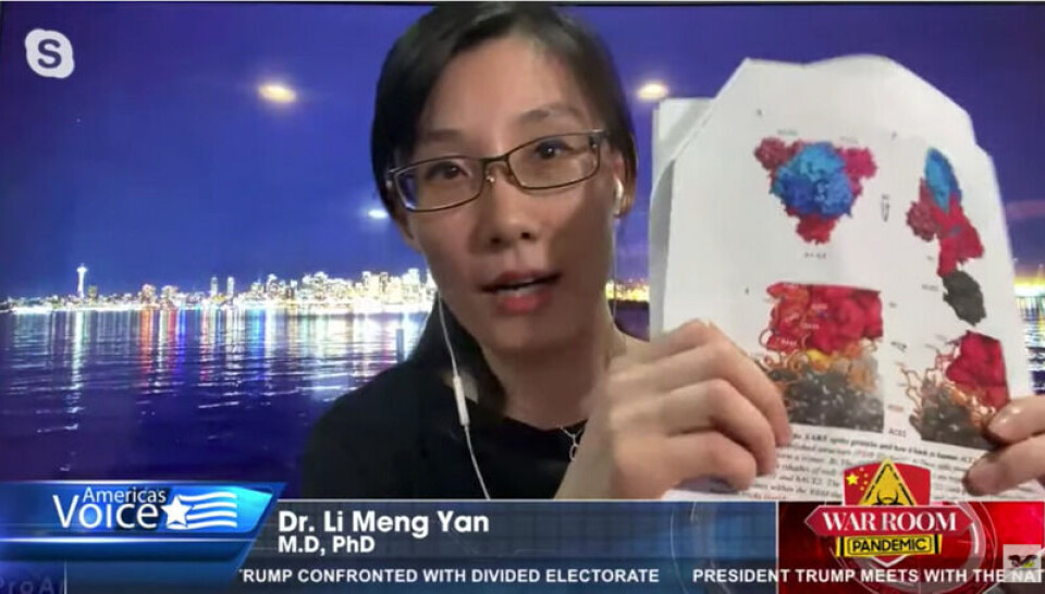 Li-Meng Yan viser frem bilder fra en angivelig vitenskapelig rapport om koronavirusets opprinnelse, som skal vise at det stammer fra et militært laboratorium. Skjermbilde: War Room: Pandemic, Youtube Li-Meng Yan viser frem bilder fra en angivelig vitenskapelig rapport om koronavirusets opprinnelse, som skal vise at det stammer fra et militært laboratorium.