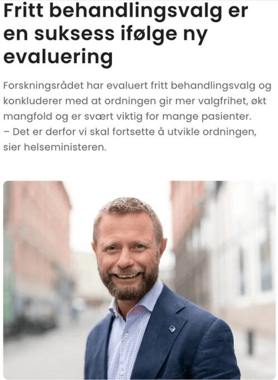 Skjermdump: Høyre.no Bent Høie hevder Fritt behandlingsvalg er en suksess i en pressemelding på Høyres nettsider.