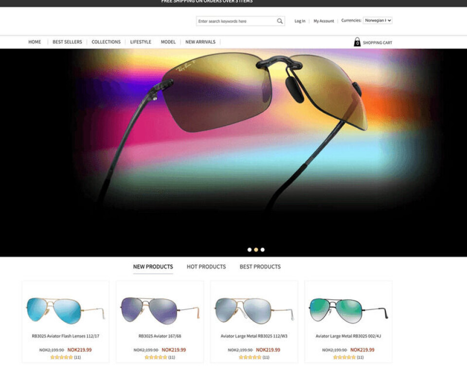 Nettsiden kan se ut som en butikk for Ray-Ban-solbriller, men prisene er helt like, og tilbudene for gode til å være sanne. Kundeanmeldelsene er datert før nettstedet ble registrert. Skjermdump: rbono.net Nettsiden kan se ut som en butikk for Ray-Ban-solbriller, men prisene er helt like, og tilbudene for gode til å være sanne. Kundeanmeldelsene er datert før nettstedet ble registrert.