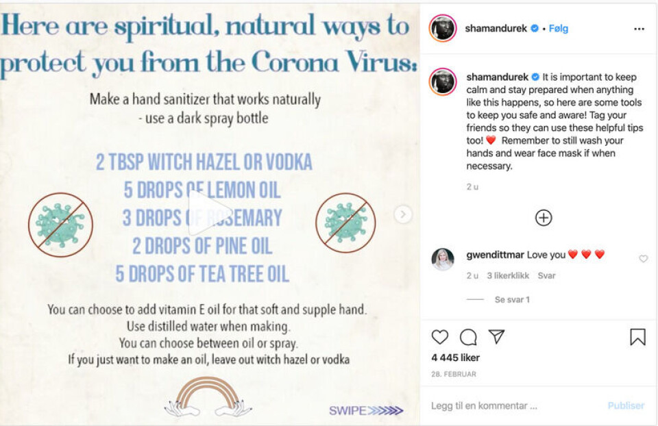 Durek Verrett anbefaler oljemikstur for å beskytte seg mot koronavirus. Skjermbilde: Instagram Durek Verrett anbefaler oljemikstur for å beskytte seg mot koronavirus.