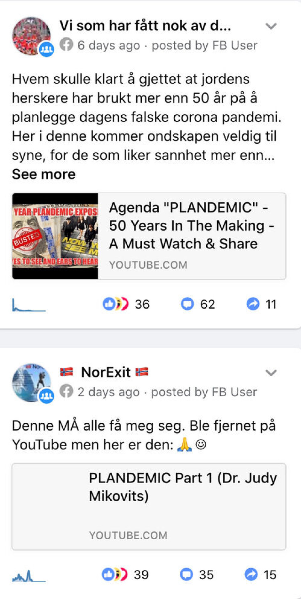 Videoen deles også i norske Facebook-grupper. Skjermbilde fra Crowdtangle. Videoen deles også i norske Facebook-grupper.