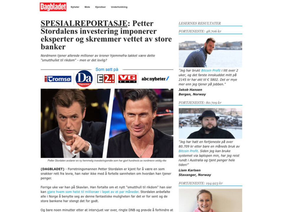 Slik ser den falske artikkelen ut (faksimile: nettside med falsk nyhetsartikkel) Slik ser den falske artikkelen ut