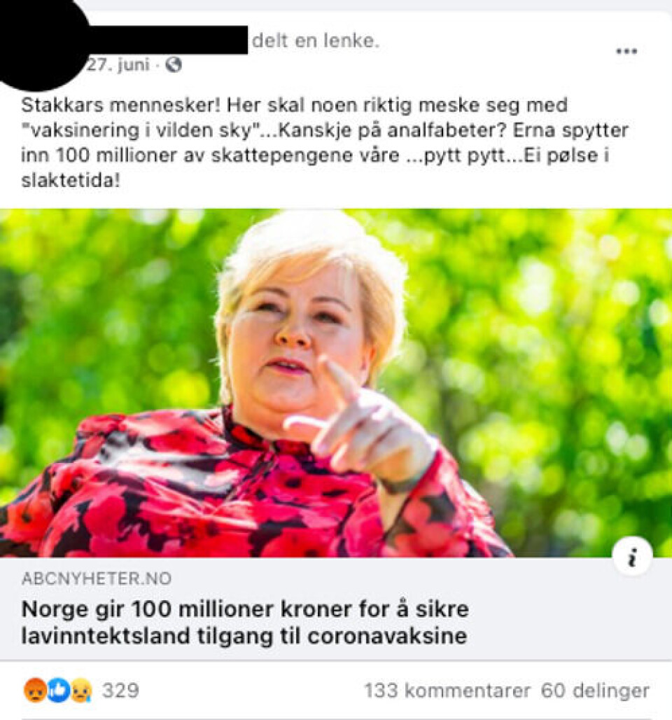 Eksempel på innlegg som knytter vaksiner til politiske og økonomiske motiver. Skjermdump fra Facebook Eksempel på innlegg som knytter vaksiner til politiske og økonomiske motiver.