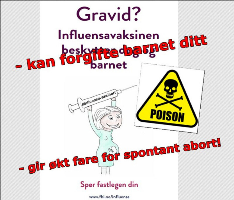 Facebook-siden «Vaksiner – tør du ta sjansen?» hevder at influensavaksine gir økt fare for spontanabort. Det er ikke riktig, ifølge Folkehelseinstituttet. Skjermbilde fra Facebook. Facebook-siden «Vaksiner – tør du ta sjansen?» hevder at influensavaksine gir økt fare for spontanabort. Det er ikke riktig, ifølge Folkehelseinstituttet.