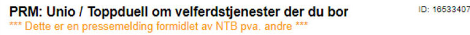 Eksempel på merking av pressemelding distribuert av NTB. Skjermdump: NTB Eksempel på merking av pressemelding distribuert av NTB.
