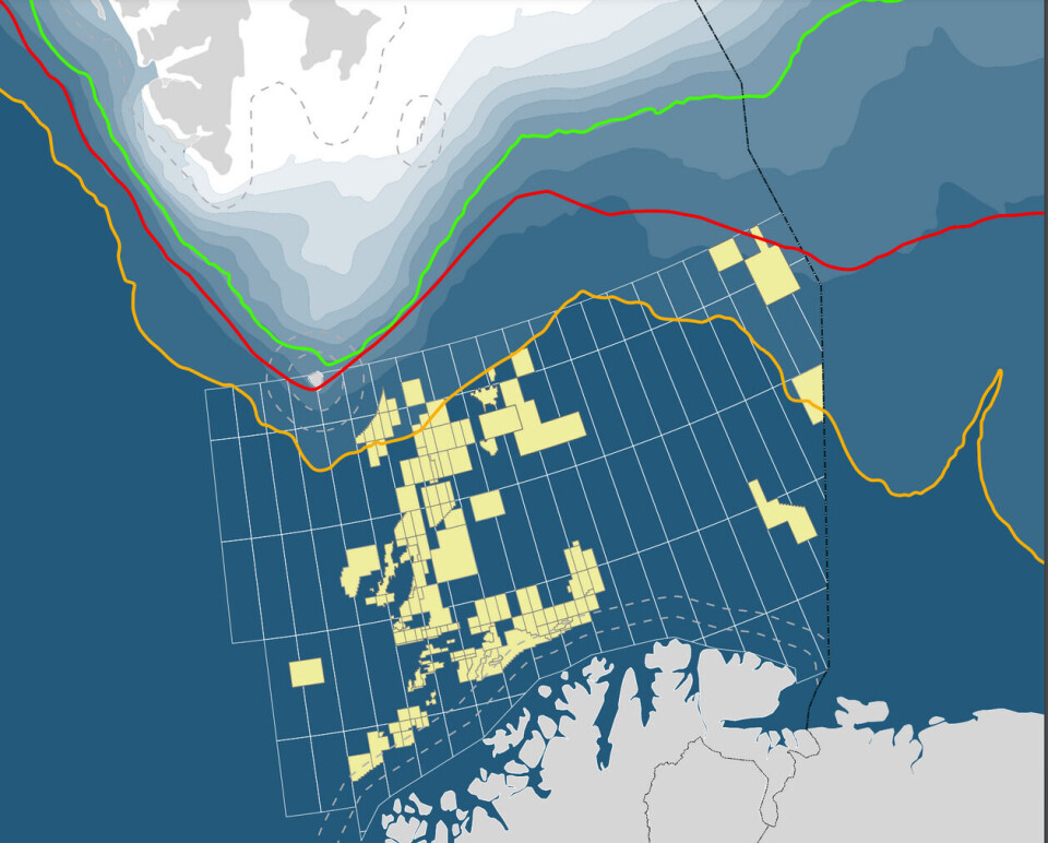 Rød linje: Isfrekvens 30% av aprildagene 1967-1989. Grønn linje: Isfrekvens 30% av aprildagene 1988-2017. Gul linje: Isfrekvens 0,5% av aprildagene 1988-2017. Faksimile: Norsk olje og gass