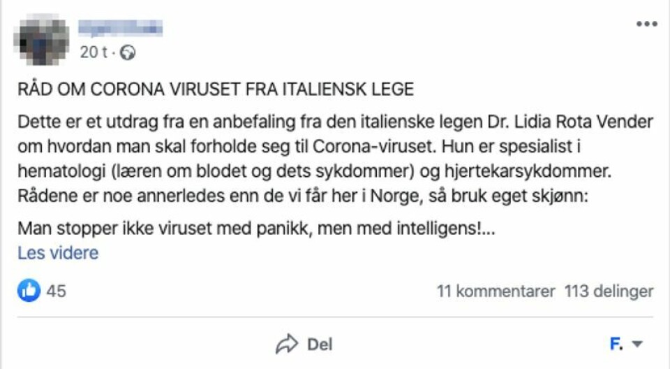 Én av mange delinger av det aktuelle kjedebrevet. Skjermdump/Facebook Én av mange delinger av det aktuelle kjedebrevet.