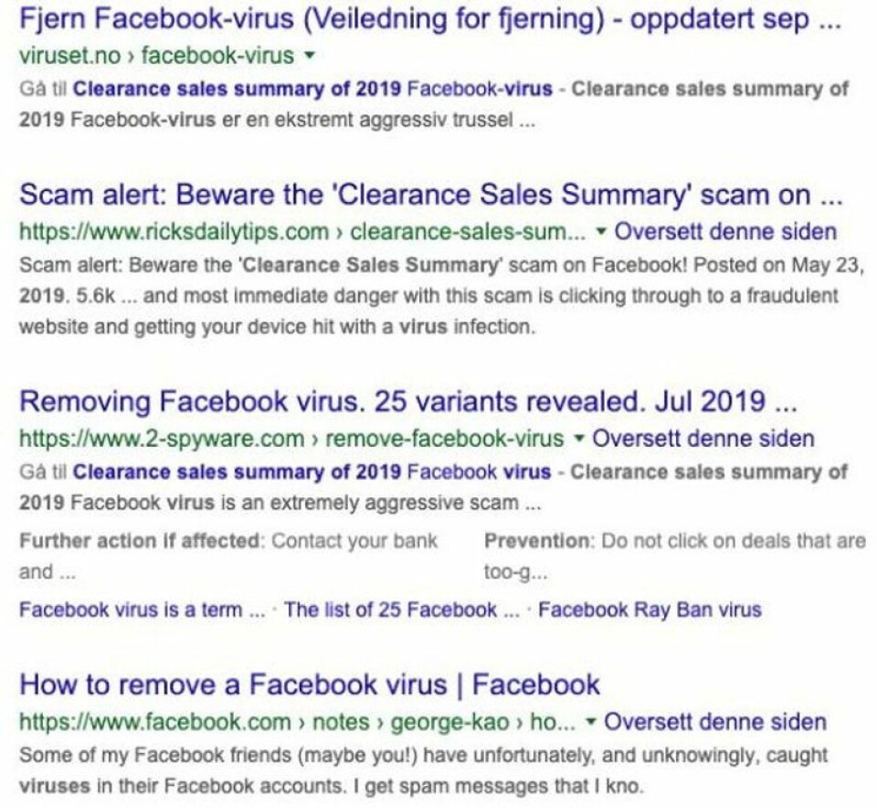 Søkeresultat på «Clearance sales 2019 spam». Foto: Skjermdump / Google.com Søkeresultat på «Clearance sales 2019 spam».