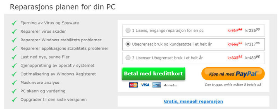 Skjermdump hva det koster dersom du trenger hjelp av et av anti-virusprogrammene du finner på nett. Skjermdump hva det koster dersom du trenger hjelp av et av anti-virusprogrammene du finner på nett.