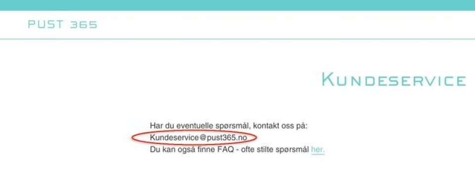 Mailen til kundeservice går til et domene som ikke eksisterer. Skjermdump: Pust365.com Mailen til kundeservice går til et domene som ikke eksisterer.