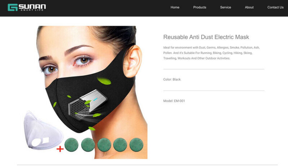 Produsenten av masken kan spores til Shenzhen i Kina. Skjermdump: Gsunan Smart Life Produsenten av masken kan spores til Shenzhen i Kina.