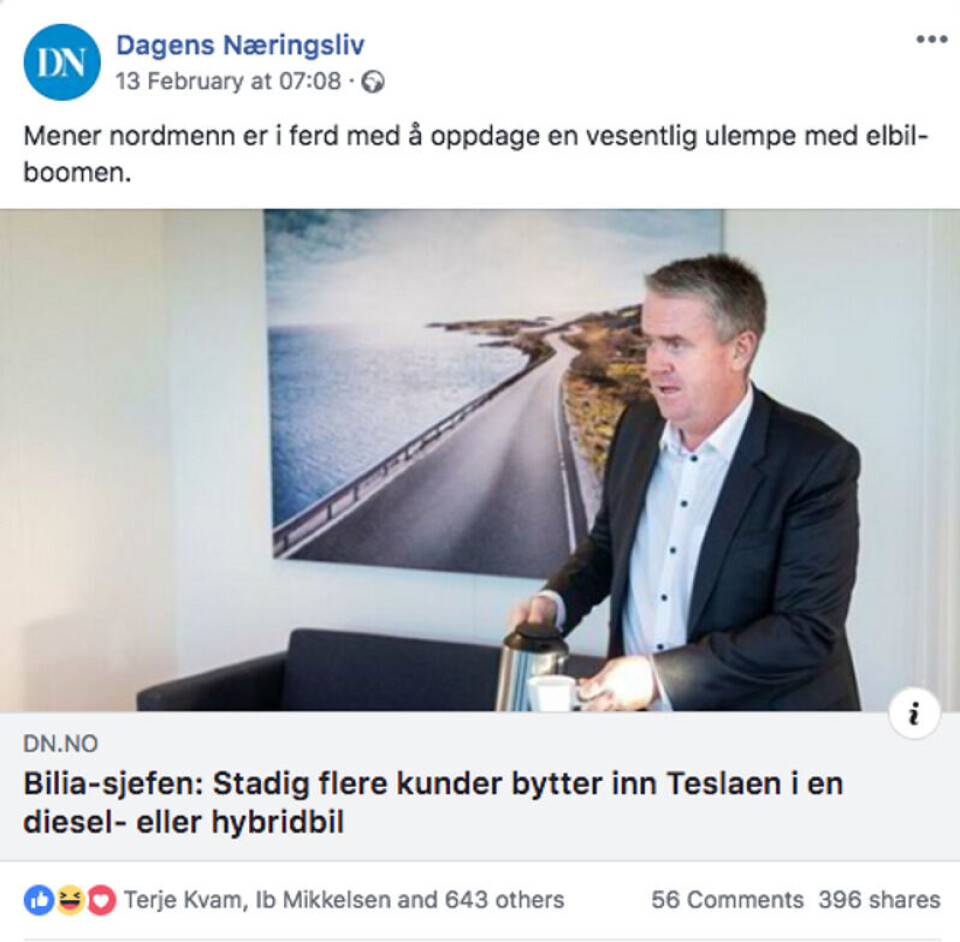 Skjermdump: Dagens Næringsliv på Facebook
