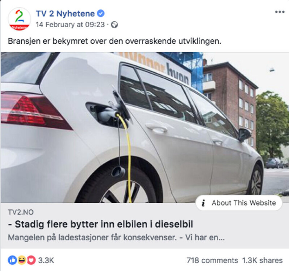 Skjermdump: TV 2 på Facebook