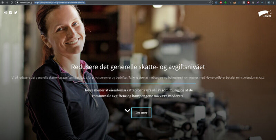 Ifølge Høyre betaler innbyggere og hytteeiere i kommuner der partiet har ordføreren minst eiendomsskatt. Skjermdump: Høyre.no Ifølge Høyre betaler innbyggere og hytteeiere i kommuner der partiet har ordføreren minst eiendomsskatt.