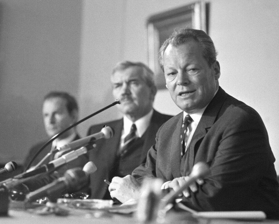 Willy Brandt var en av de tyske sosialdemokratene som flyktet fra Nazi-Tyskland til Norge. Senere ble han forbundskansler i Vest-Tyskland. Foto: Erik Thorberg NTB / Scanpix. Willy Brandt var en av de tyske sosialdemokratene som flyktet fra Nazi-Tyskland til Norge. Senere ble han forbundskansler i Vest-Tyskland.