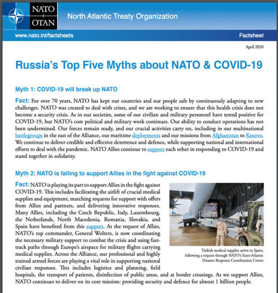Faktaark fra Nato om Covid-19 (faksimile: Natos nettsider) Faktaark fra Nato om Covid-19