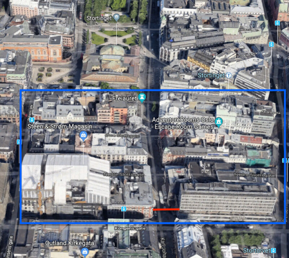 Kvartalene langs Karl Johan som kalles Promenaden. Den røde streken viser hvor sensorene henger. Skjermdump fra Google Maps Kvartalene langs Karl Johan som kalles Promenaden. Den røde streken viser hvor sensorene henger.