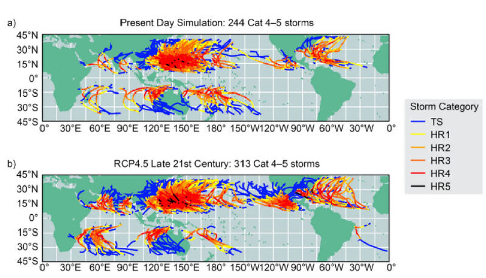 Alle stormer som minst når kategori 4-intensitet (>58 m/s) i dag og mot slutten av det 21. århundret. Foto: Skjermdump / Global Projections of Intense Tropical Cyclone Activity for the Late Twenty-First Century Alle stormer som minst når kategori 4-intensitet (>58 m/s) i dag og mot slutten av det 21. århundret.