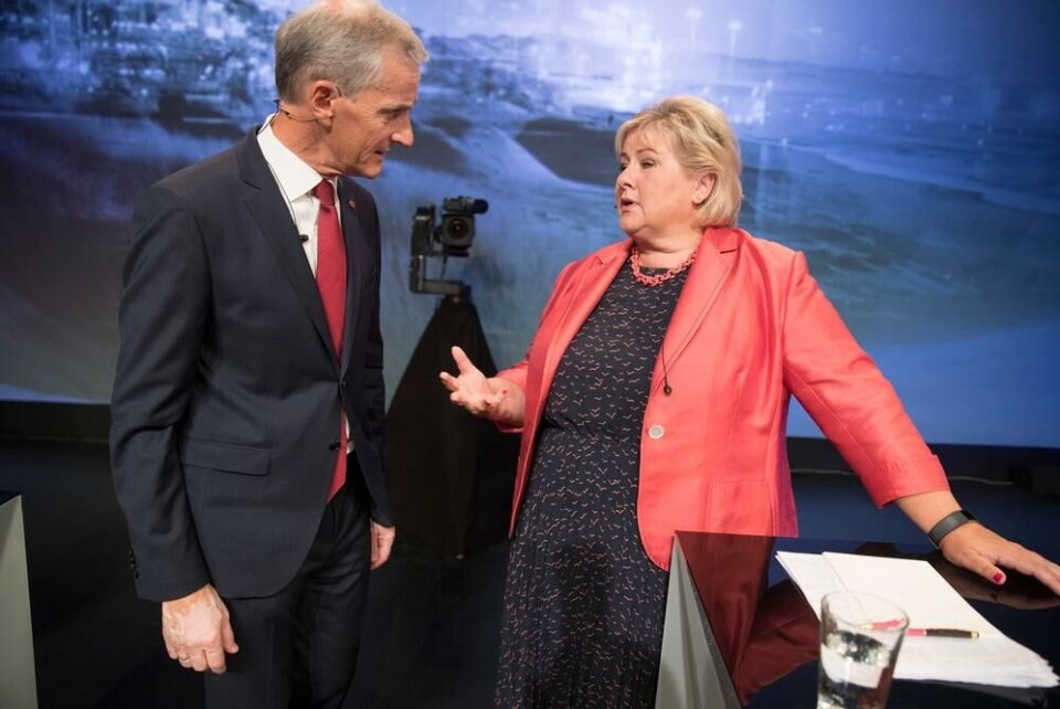 Ap-leder Jonas Gahr Støre mente statsminister Erna Solberg bagatelliserte Riksrevisjonens funn under partilederdebatten i Arendal. Foto: Terje Pedersen / NTB scanpix. Ap-leder Jonas Gahr Støre mente statsminister Erna Solberg bagatelliserte Riksrevisjonens funn under partilederdebatten i Arendal.
