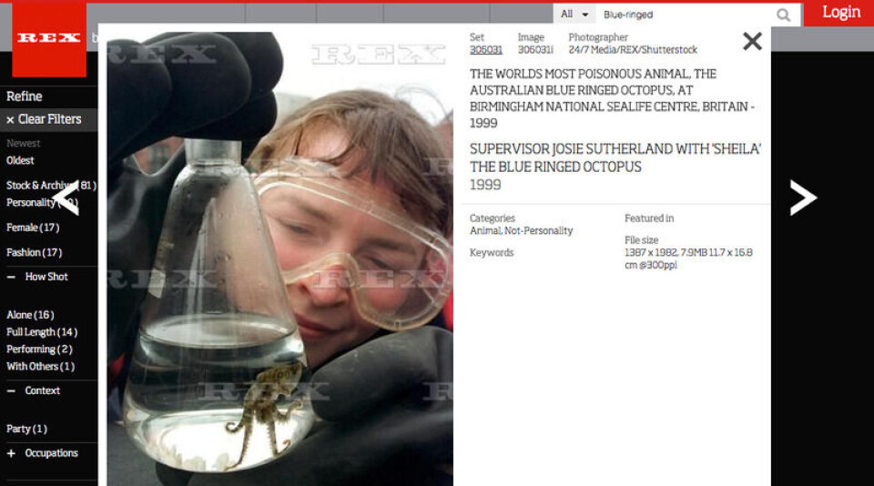 Bildet Norsk Naturinformasjon hevder er av en norsk marinbiolog, er i virkeligheten av en britisk kurator ved akvariet i Birmingham. Skjermbilde: Rexteatures.com Bildet Norsk Naturinformasjon hevder er av en norsk marinbiolog, er i virkeligheten av en britisk kurator ved akvariet i Birmingham.