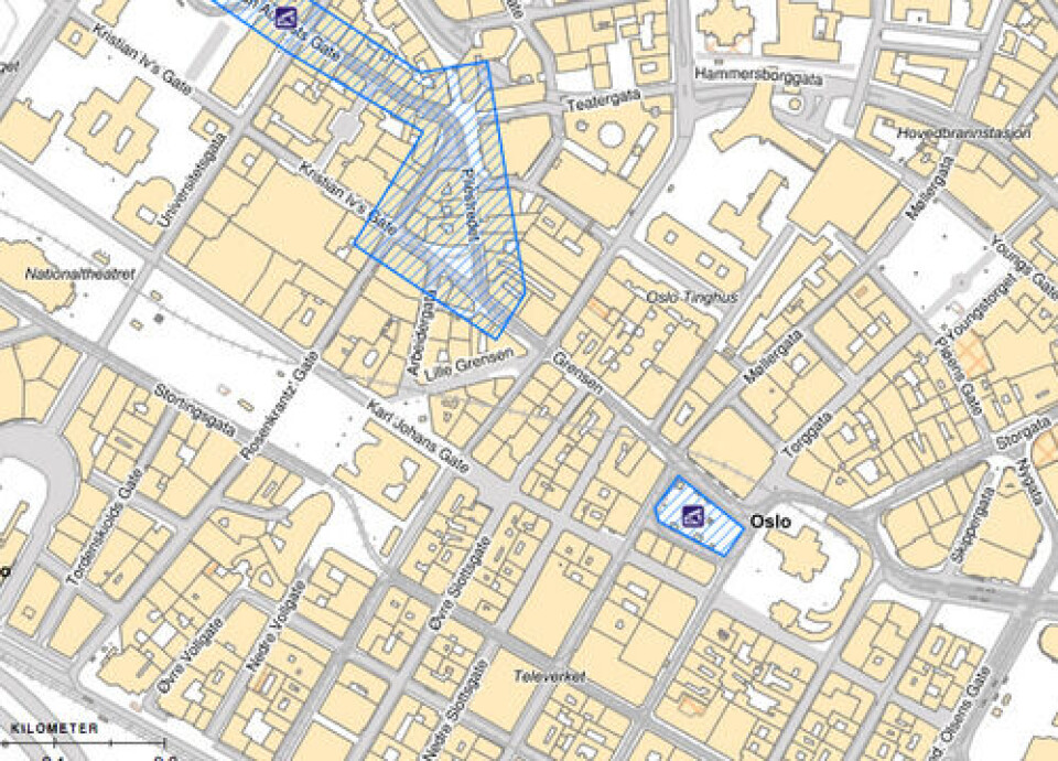 Kartet viser områder med graving i området i perioden som er målt. Tre trikkelinjer ble berørt og busstraseen mellom St Olavs plass og Jernbanetorget har gått lenger ut fra sentrum. Kart fra Oslo kommune Kartet viser områder med graving i området i perioden som er målt. Tre trikkelinjer ble berørt og busstraseen mellom St Olavs plass og Jernbanetorget har gått lenger ut fra sentrum.