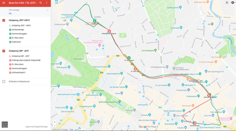 De røde og grønne linjene er busstraséer som ble satt inn istedet for tre trikkelinjer frem til mars i år. Kart fra Ruter De røde og grønne linjene er busstraséer som ble satt inn istedet for tre trikkelinjer frem til mars i år.