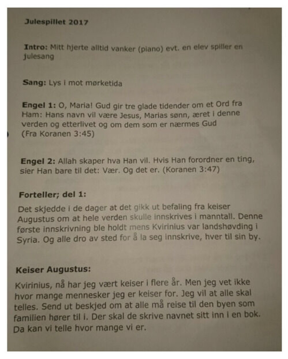 Utdrag av manus fra julespill ved Stigeråsen skole. Foto: Skjermdump/Document.no. Utdrag av manus fra julespill ved Stigeråsen skole.