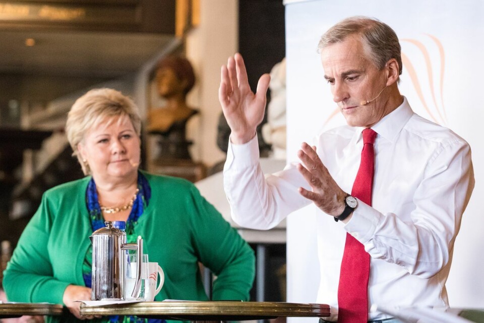 Erna Solberg (H) og Jonas Gahr Støre (Ap) møttes til statsministerduell hos Civita forrige uke. Foto: Audun Braastad / NTB scanpix Erna Solberg (H) og Jonas Gahr Støre (Ap) møttes til statsministerduell hos Civita forrige uke.