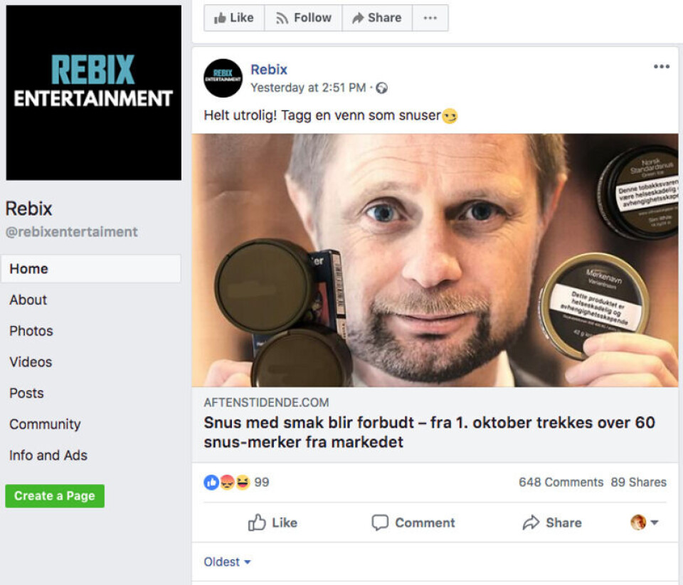 Facebook-siden Rebix er med i det samme nettverket, og deler hyppig saker fra de omtalte løgnfabrikkene. Skjermbilde: Facebook Facebook-siden Rebix er med i det samme nettverket, og deler hyppig saker fra de omtalte løgnfabrikkene.