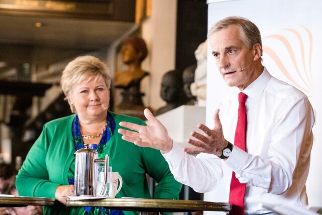 Valgkampens første duell mellom statsminister Erna Solberg (H) og leder i Arbeiderpartiet, Jonas Gahr Støre i Oslo onsdag. Foto: Audun Braastad / NTB scanpix Valgkampens første duell mellom statsminister Erna Solberg (H) og leder i Arbeiderpartiet, Jonas Gahr Støre i Oslo onsdag.