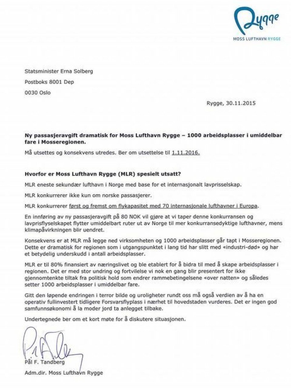 Brev til Erna Solberg fra Rygge sivile lufthavn nov 2015 Brev til Erna Solberg fra Rygge sivile lufthavn nov 2015