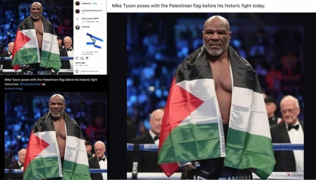 Dette er et av flere bilder som spres etter helgens boksekamp mellom Mike Tyson og Jake Paul. Bildet er falskt. Dette er ikke første gang det manipuleres politiske bilder av kjente personer. Foto: Skjermdump Facebook-innlegg hovedbilde