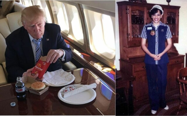 Donald Trump har tidligere spist Bic Mac på privatflyet sitt, men bildet til høyre av Kamala Harris i uniform er manipulert. Foto: Skjermdump, Instagram og X. hovedbilde
