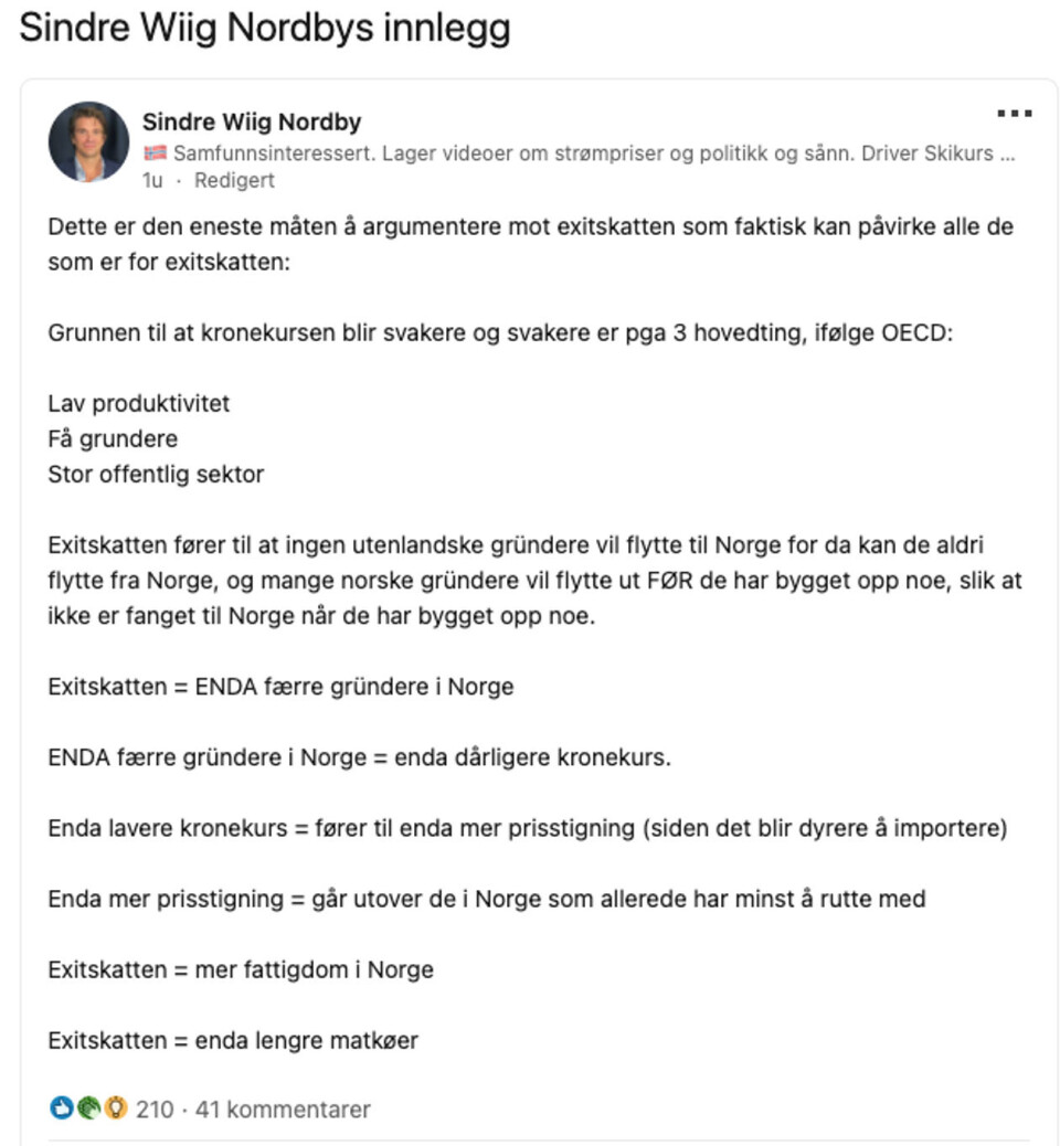 Her skriver Sindre Wiig Nordby at det er tre hovedgrunner til at krona blir svakere. Skjermdump, Linkedin