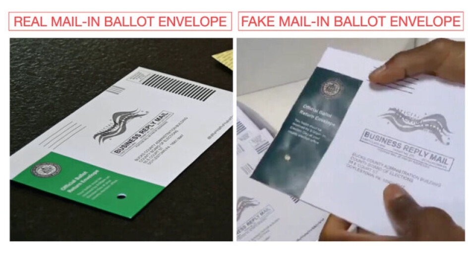 Trykk på bilde for å forstørre. Til venstre ser vi den ekte stemmekonvolutten som brukes i Bucks County, og til høyre er konvolutten fra den falske videoen. Faksimile: PolitiFact (Facebook / X).