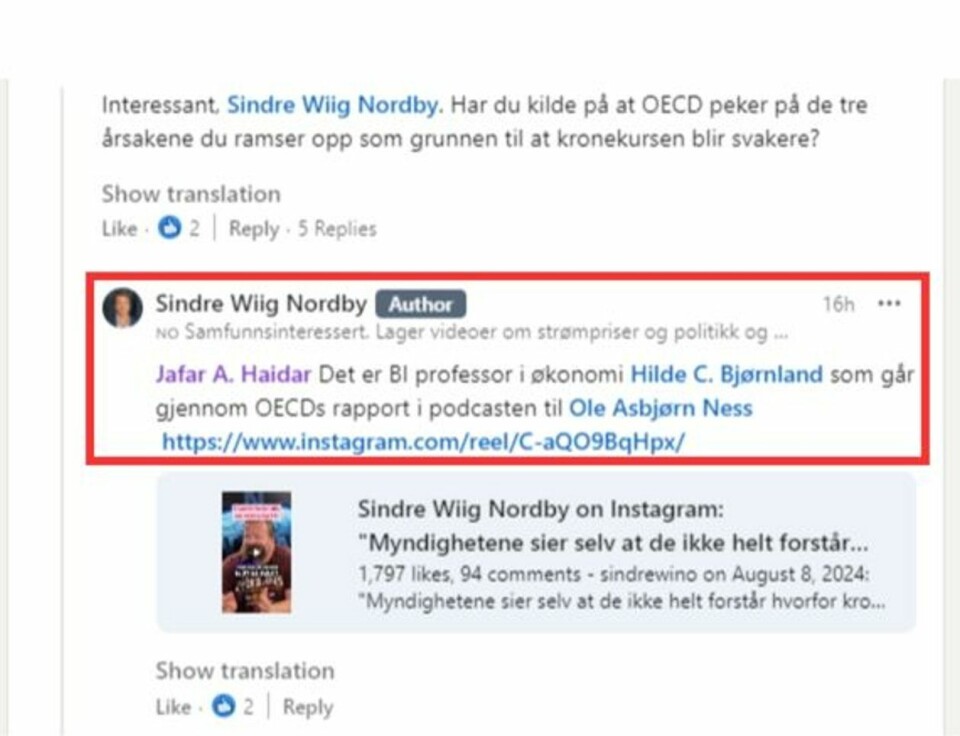 Her ser vi at Sindre Wiig Nordby viser til et intervju hos Nettavisen som kilde. Skjermdump, Linkedin