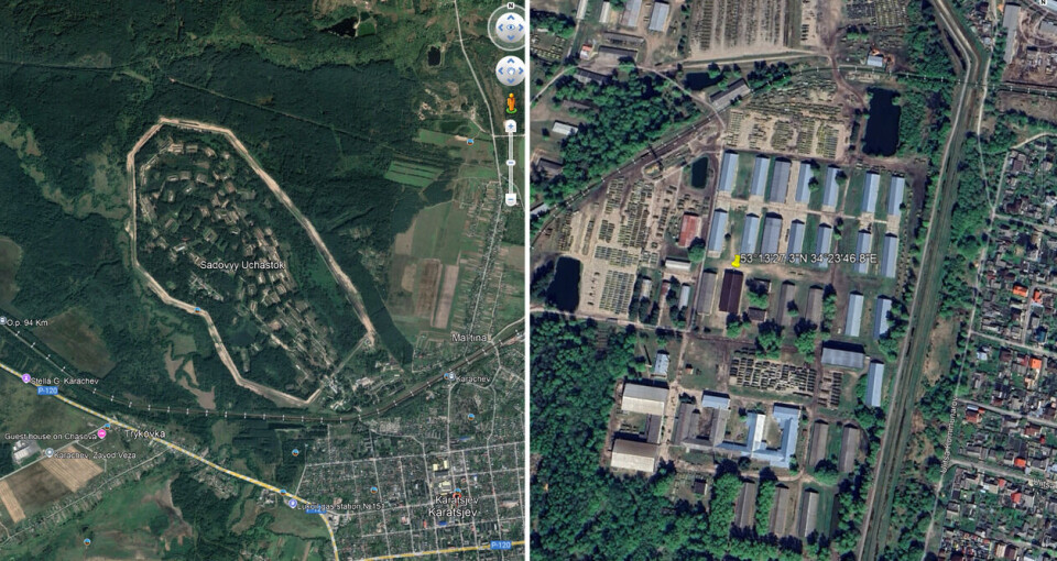 Satellittbildet til venstre viser ammunisjonslageret i Karatsjev, Brjansk slik det så ut før angrepet. Bildet til høyre viser ammunisjons- og våpenlager i Suponevo, Brjansk. Foto: Google Earth Pro