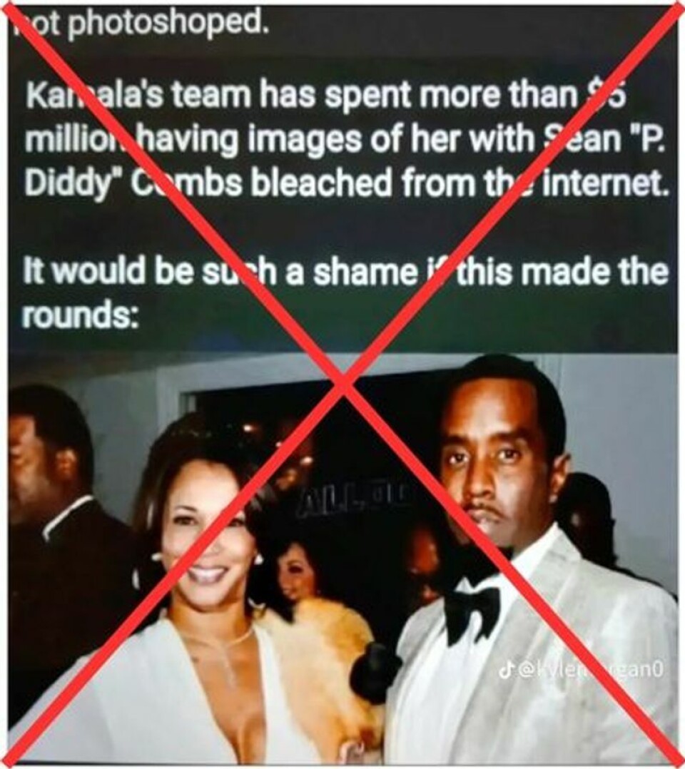 Bildet av det som skal være Kamala Harris og rapperen P. Diddy er manipulert. Foto: Skjermdump, X